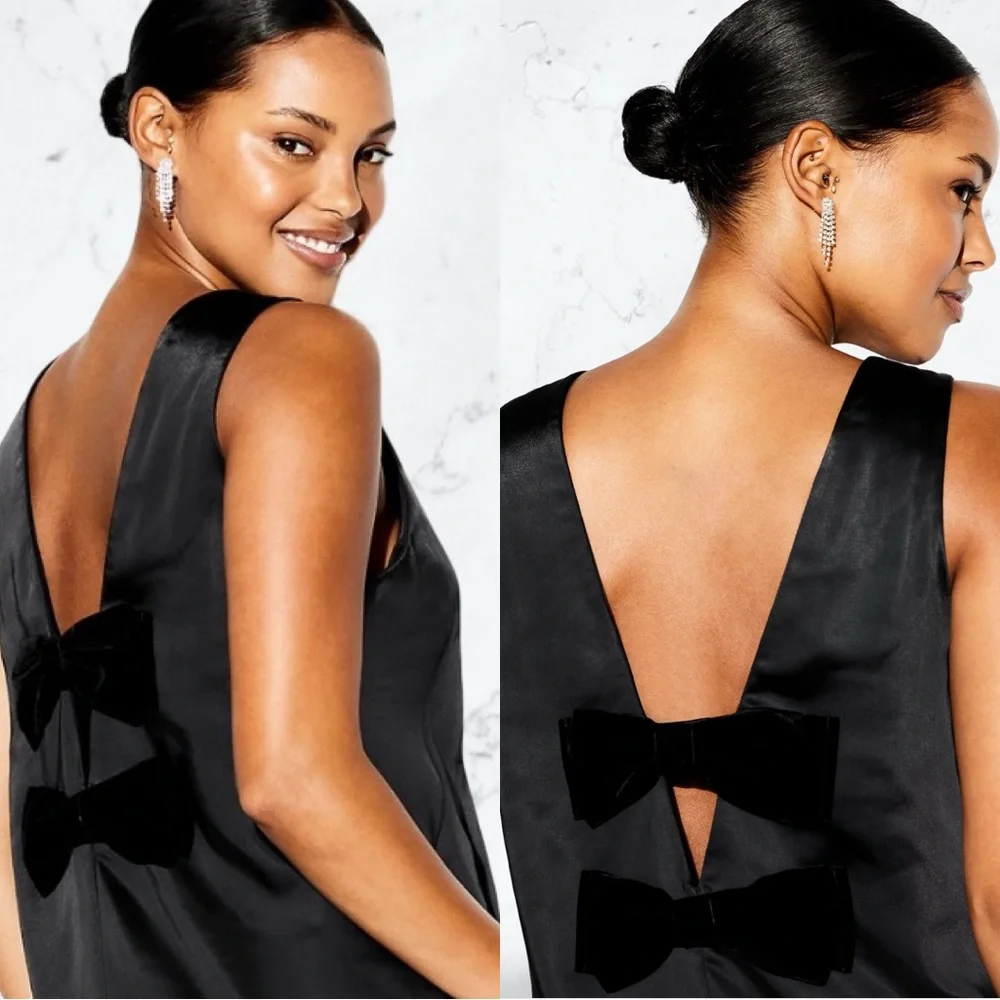 NWTS🌹THE OCCASION L🌹ELITE LINE BLACK SATIN & VELVET OPEN BACK COCKTAIL DRESS - Picture 3 of 16